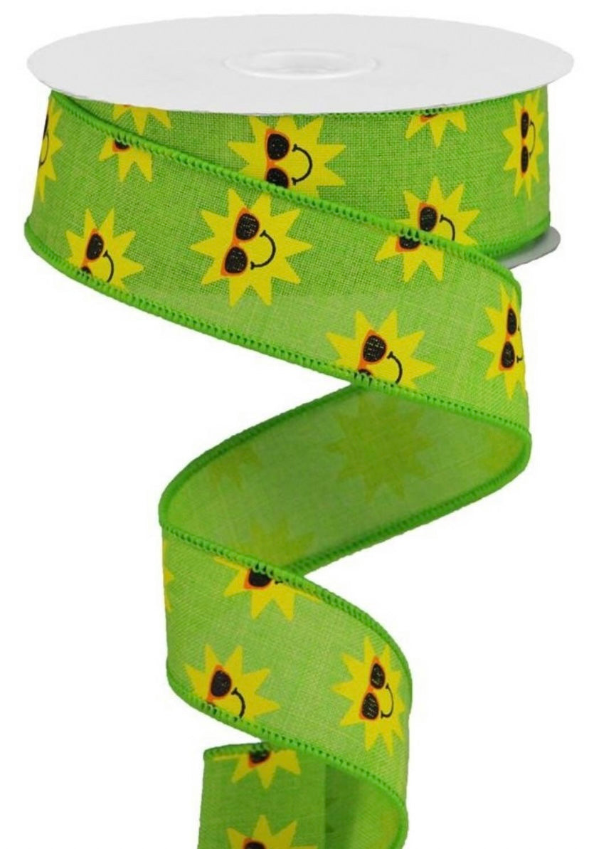 10 Yards - 1.5" Wired Lime Background Sunshine Ribbon