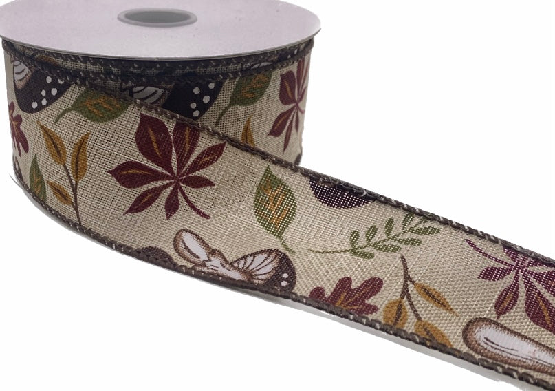 10 Yards - 1.5” Wired Natural Linen Earthy Fall Mushrooms Ribbon