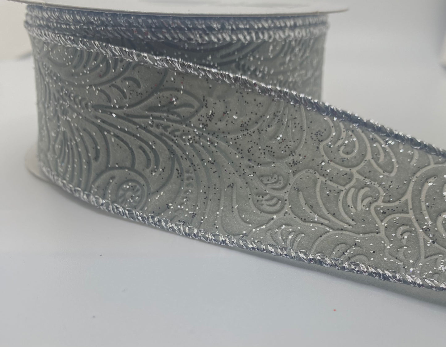 10 Yards - 1.5" Wired Gray Glitter Floral Embossed Ribbon