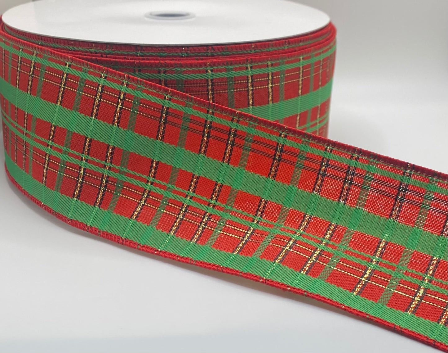 50 Yards - 2.5” Wired Red and Green Check with Gold Glitter Accent Christmas Ribbon