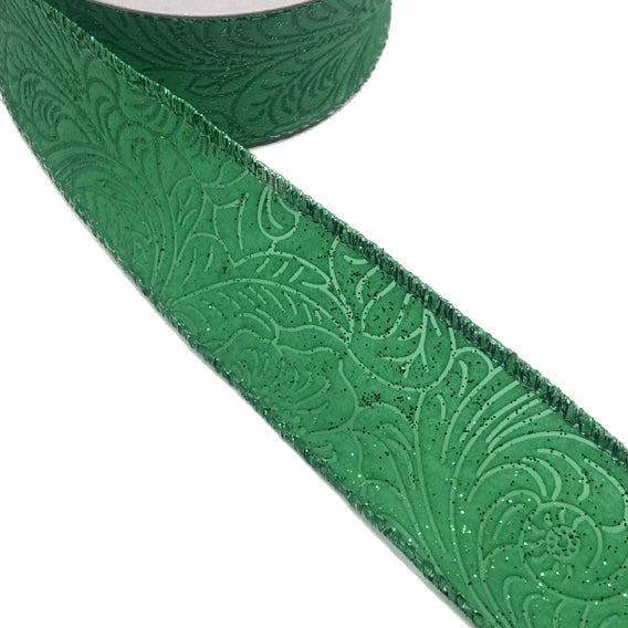 10 Yards - 1.5” Wired Emerald Glitter Floral Design Embossed Ribbon