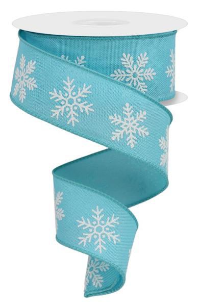 10 Yards - 1.5” Wired Light Blue and White Glitter Snowflake Ribbon