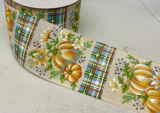 Wired Pumpkin and Fall Lines Ribbon- 2.5”x10 Yards