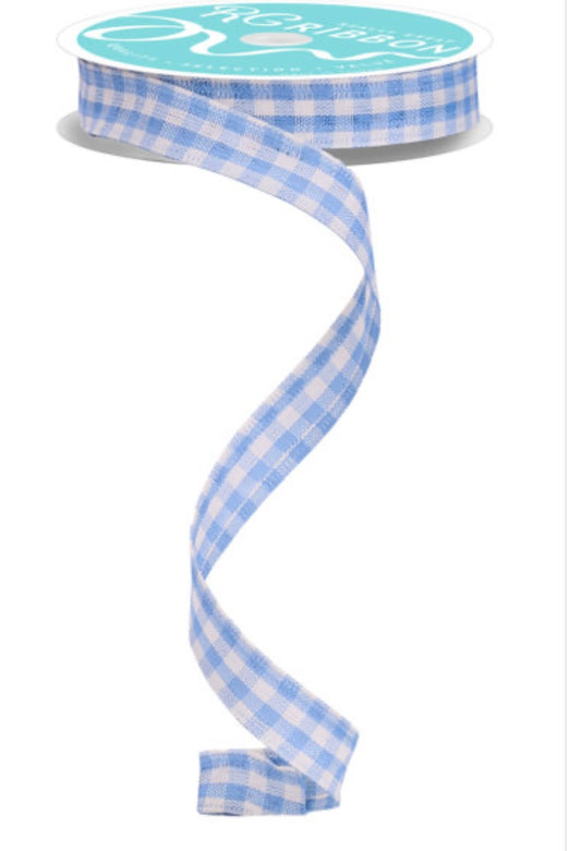 10 Yards - 5/8” Wired Smoke Blue and White Gingham Check Accent Ribbon