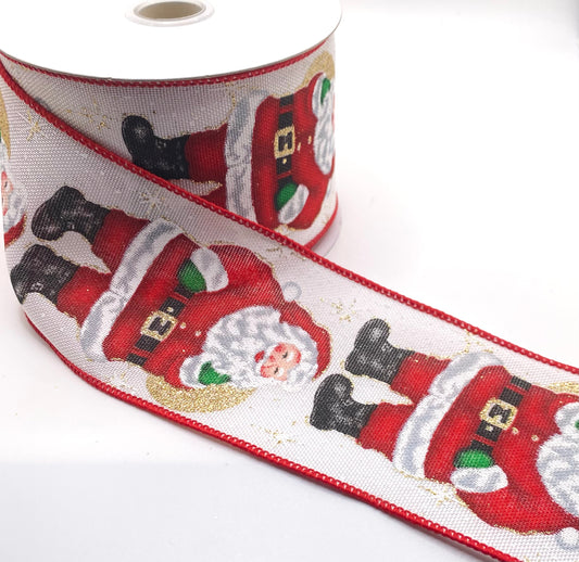 10 Yards - 2.5” Wired White Linen Santa in Snowflakes Ribbon