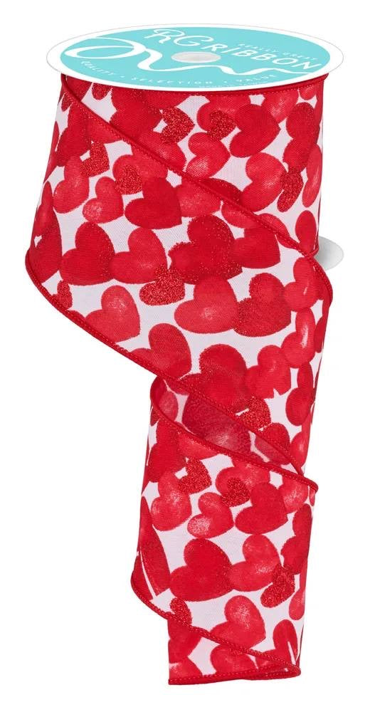 Wired White Background Red Hearts Glitter Accent Valentines Day Ribbon- 2.5”x10 Yards