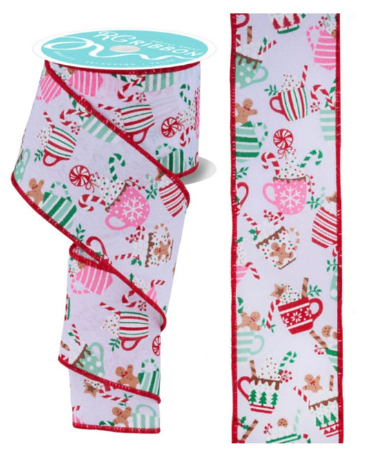 Wired White Background Hot Cocoa Christmas Ribbon- 2.5”x10 Yards