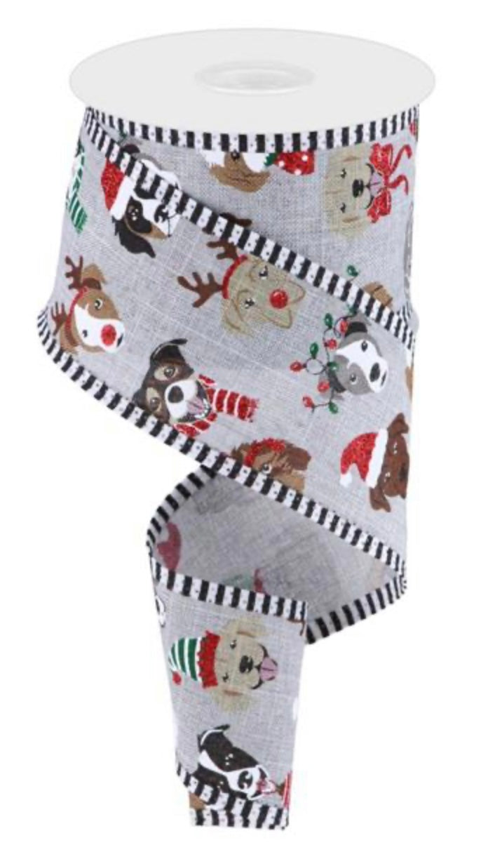 10 Yards - 2.5” Wired Gray Background Christmas Pooch Dog Ribbon with Glitter Accent and Stripe Edge