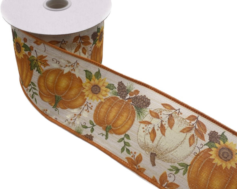 10 Yards - 2.5” Wired White and Orange Pumpkins Fall Ribbon