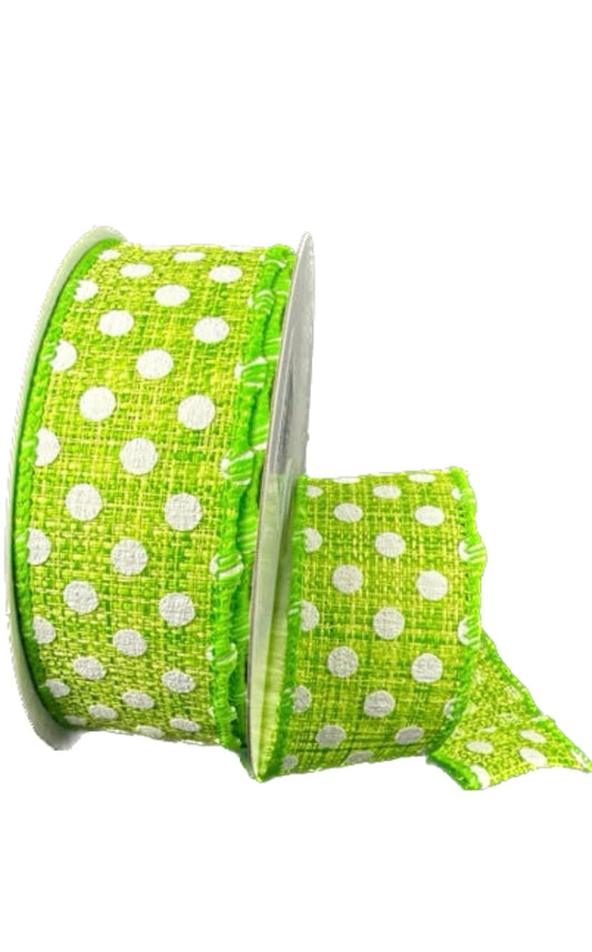 Wired Lime Tweed White Small Dots Ribbon- 1.5”x 10 Yards