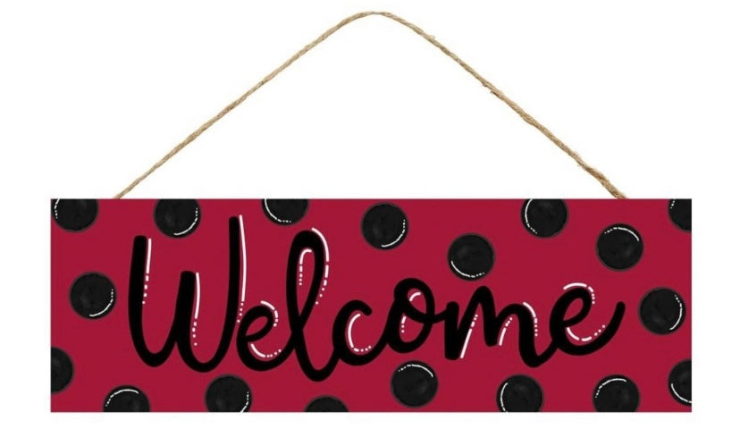 Red, Black and White Polka Dot Welcome Wreath Sign - Lady Bug Inspired Wreath Sign- 15”x5”