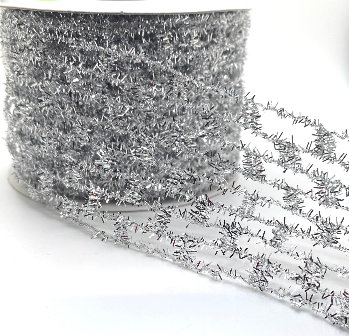 10 Yards - 2.5” Wired Silver Sparkle Expandable Tinsel Ribbon