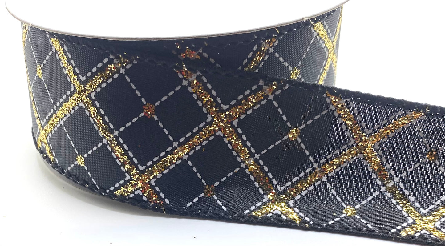 1.5” x 10yd Wired Black Satin Gold Glitter Cross Diagonal Plaid Ribbon