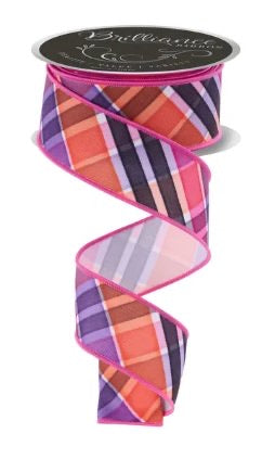 Wired Pink, Black, Purple, Orange, and White Plaid Ribbon- 1.5”x10 Yards
