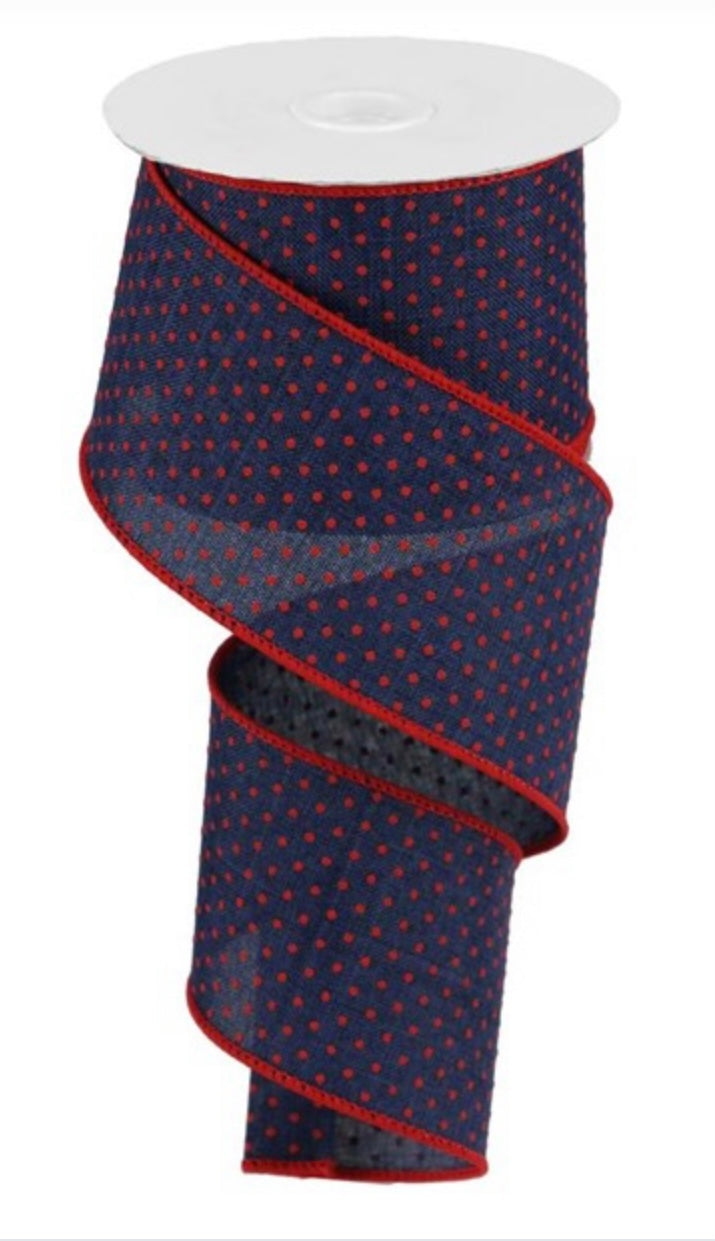 10 Yards - 2.5” Blue and Red Swiss Dot Ribbon