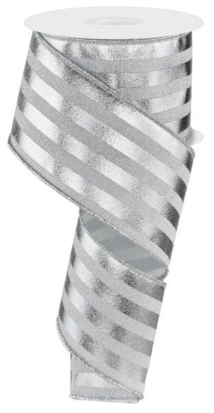 10 Yard - 2.5” Wired Silver and White Metallic Vertical Stripe Ribbon