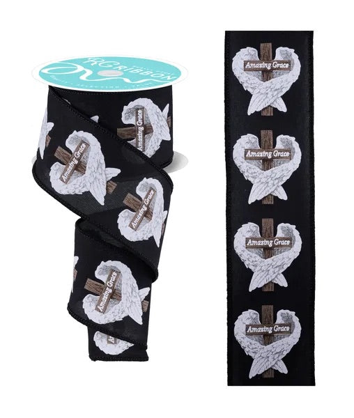 Wired Amazing Grace Cross with Wings Ribbon- 2.5”x10 Yards
