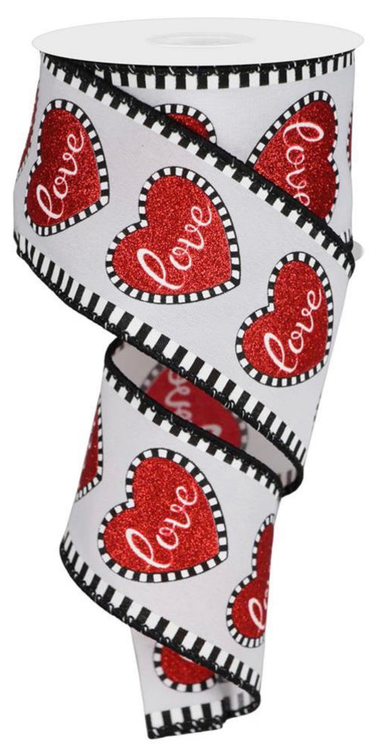 10 Yards - 2.5” Wired White Background Valentine Love Heart Ribbon with Black and White Stripe Edge and Glitter Accent