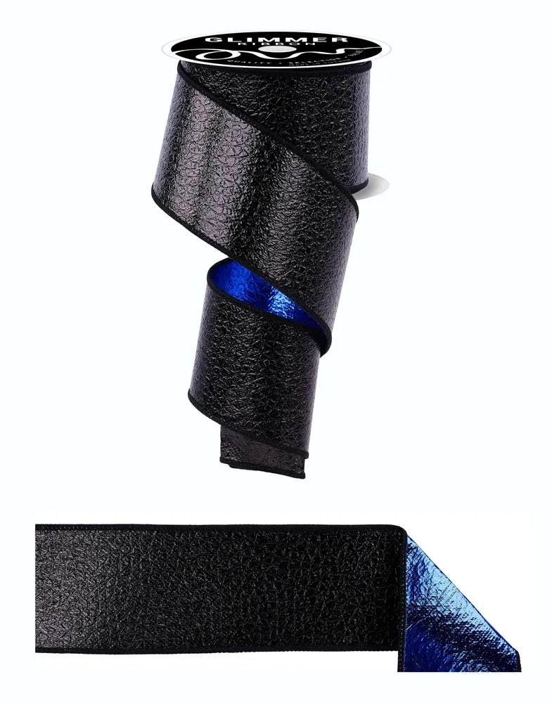 Wired Black and Royal Blue Double Sided Ice Crackle/Smooth Fused Ribbon- 2.5”x10 Yards