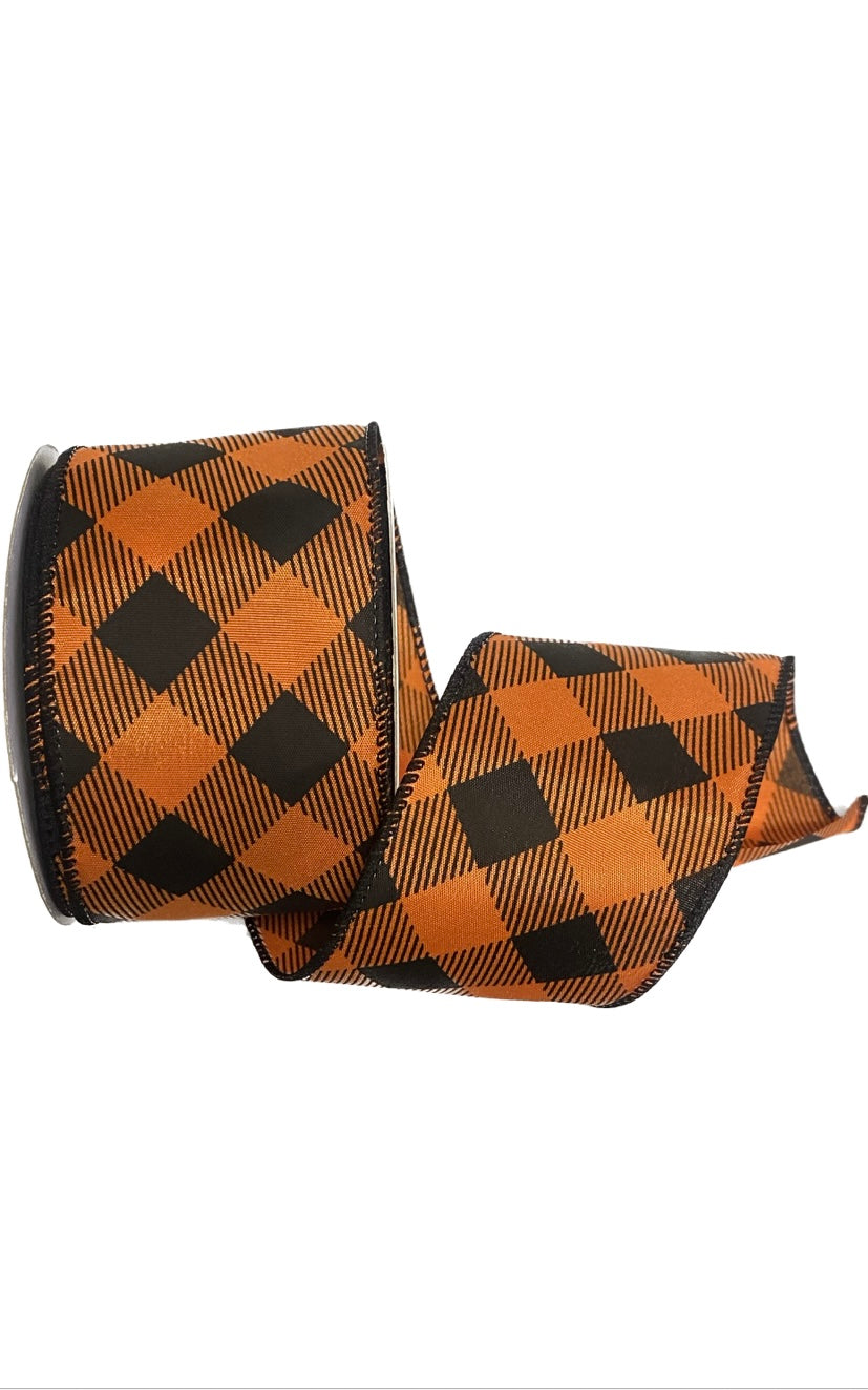 Wired Black and Orange Cross Diamond Check Ribbon - Halloween Ribbon - Harley Davidson Inspired Ribbon - 10 Yardsx2.5”