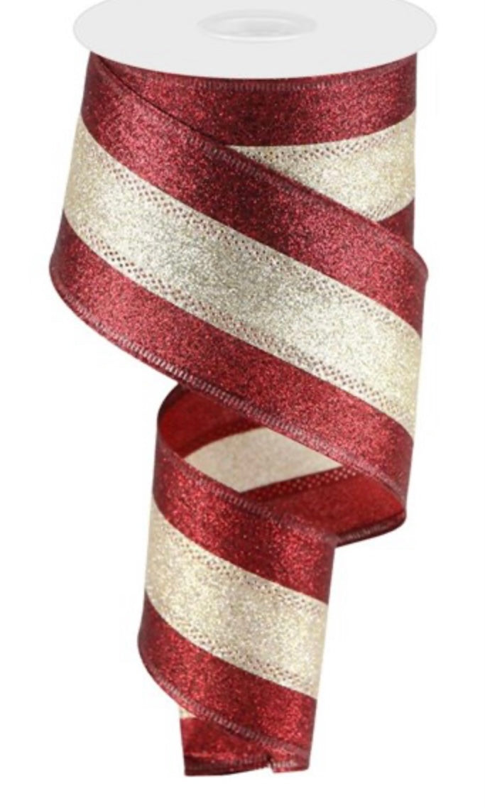 10 Yards - 2.5” Wired Cranberry and Champagne Heavy Glitter Ribbon