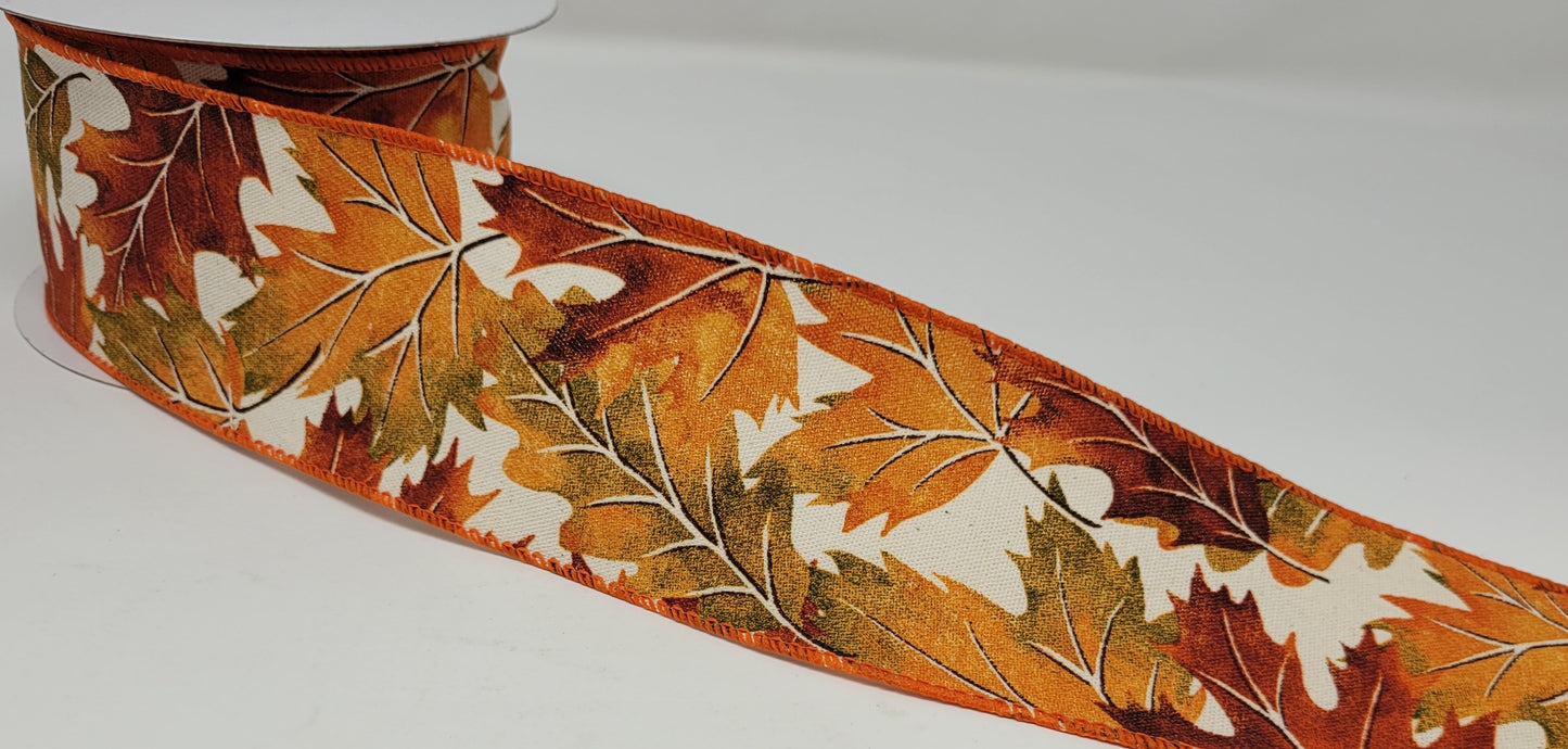 10 Yards - 2.5” Wired Canvas Fall Leaves Ribbon