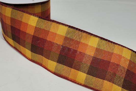 10 Yards - 2.5” Wired Burgundy, Yellow, Brown, and Orange Fall Check Ribbon