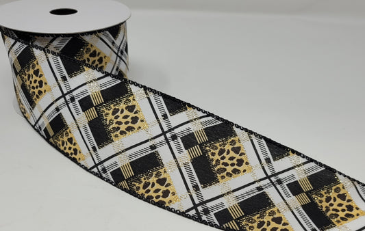 10 Yards - 2.5” Wired Black, White, and Cheetah Cross Pattern Ribbon with Gold Glitter Accent