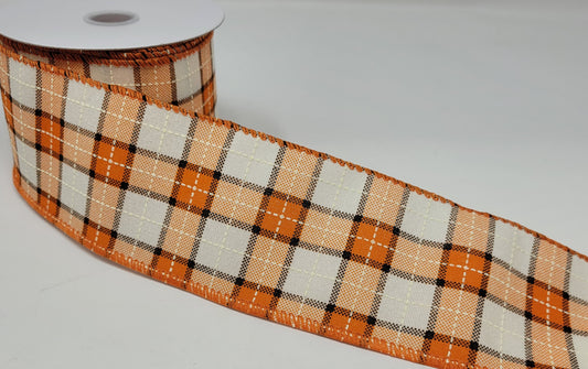 10 Yards - 2.5" Wired Orange, Black, and White Plaid Fall Ribbon