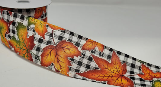 10 Yards - 2.5” Wired Fall Leaves Ribbon with Black and White Check Background