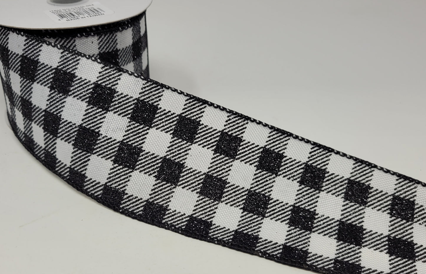 10 Yards - 2.5" Wired Black and White Check Ribbon with Glitter Accent