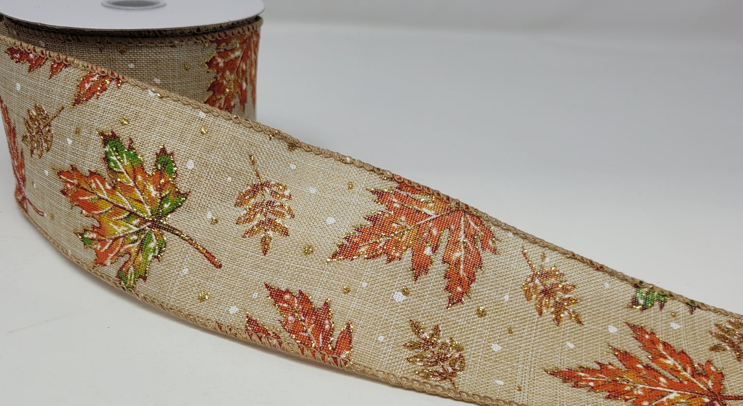 10 Yards - 2.5” Wired Fall Leaves Ribbon with Glitter Accent