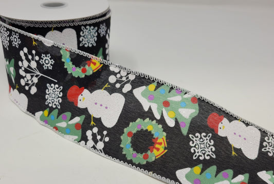 10 Yards - 2.5” Wired Winter Snowman Ribbon with Glitter Accent