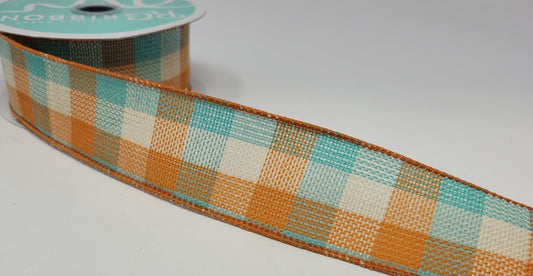 10 Yards - 1.5" Wired Orange, Aqua, and Cream Check Fall Ribbon