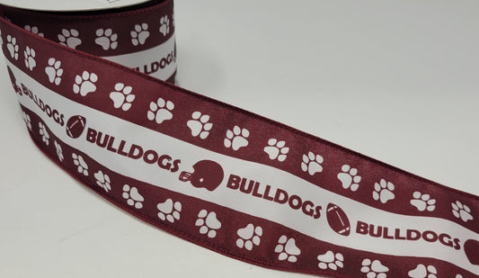 10 Yards - 2.5" Wired Maroon and White Bulldogs Football Ribbon