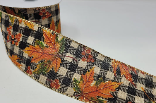 10 Yards - 2.5” Wired Fall Leaves Ribbon with Black and Natural Check Background and Glitter Accent