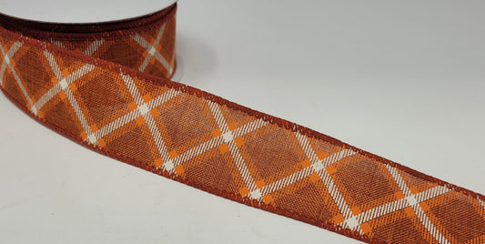 10 Yards - 1.5" Wired Burnt Orange and Cream Cross Check Ribbon