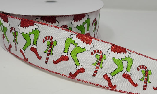 50 Yards - 2.5” Wired Christmas Green Monster Inspired Ribbon with Glitter Accent