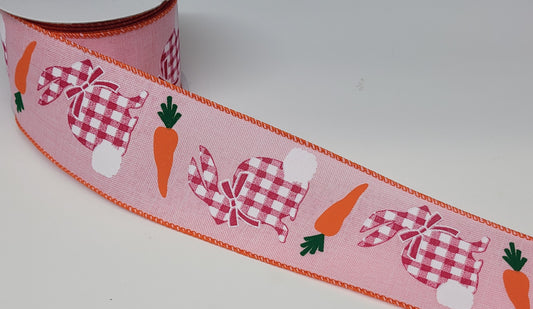 10 Yards - 2.5" Wired Pink Background Gingham Bunny with Carrots Easter Ribbon