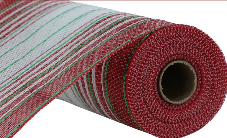 10.5"x10 Yards Metallic Red Green and White Poly Jute Stripe Mesh