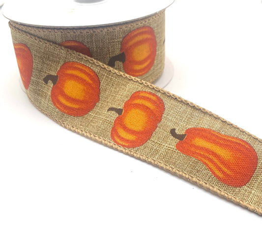 10 Yards - 1.5” Wired Natural Linen Orange Pumpkins Ribbon