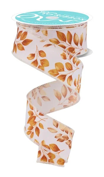 Wired Ivory/Orange/Brown Greenery Ribbon-1.5”x10 Yards