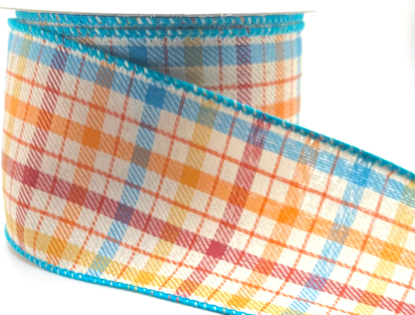 10 Yards - 2.5” Wired Cream Teal Orange Gilmore  Plaid Ribbon