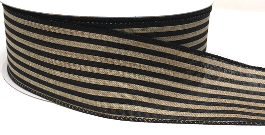 50 Yards - 2.5” Wired Natural Background with Black Stripes Ribbon