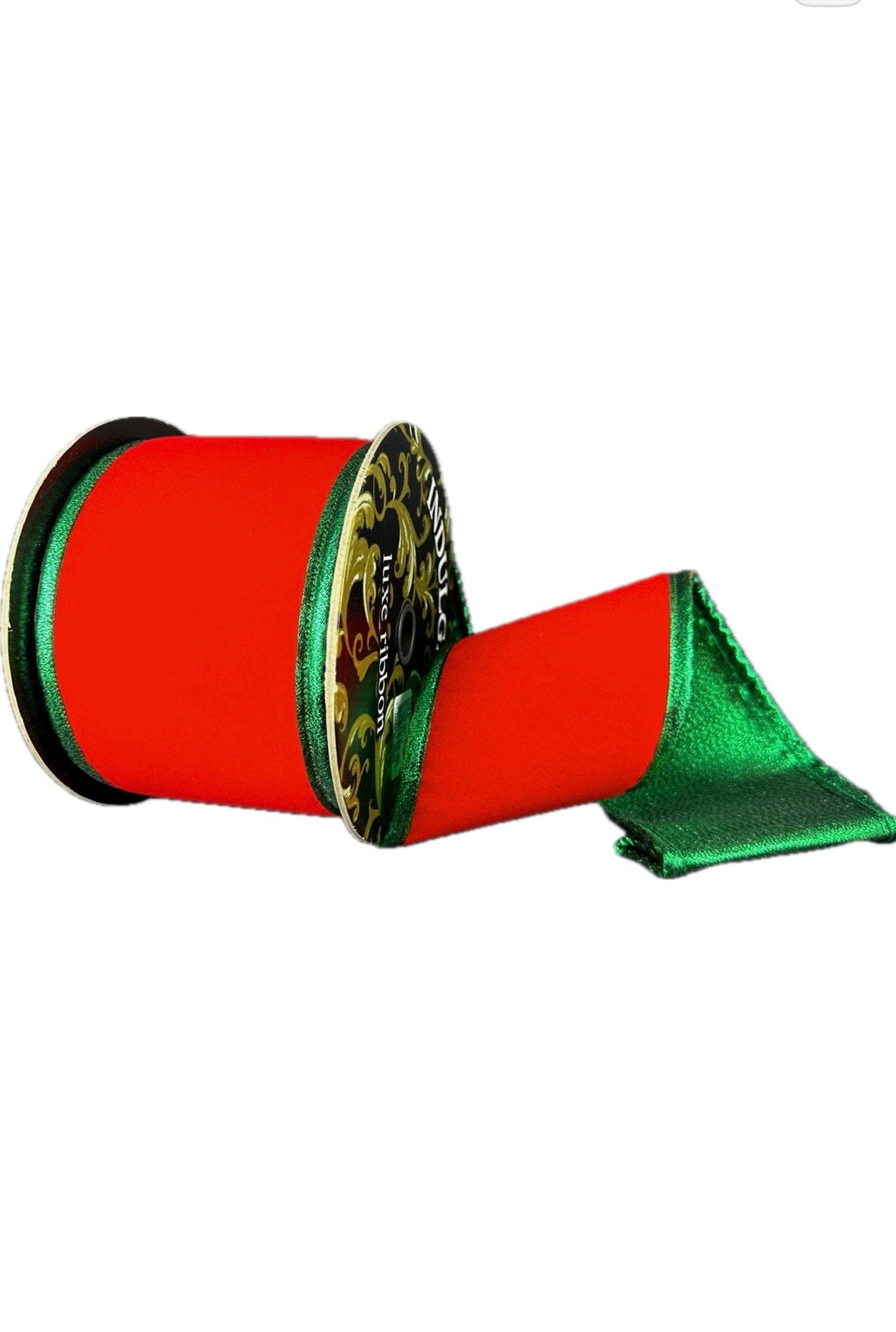 Wired Flat Red Velvet Satin/Emerald Metallic Back Ribbon- 4”x5” Yards