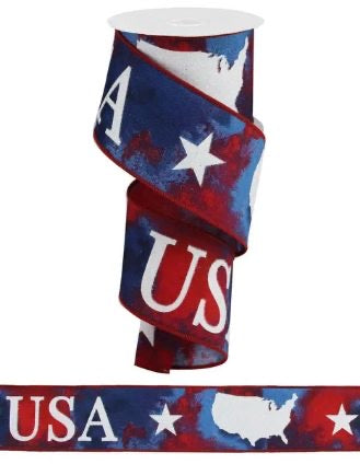 Wired Patriotic USA Watercolor Ribbon- 2.5”x 10 Yards