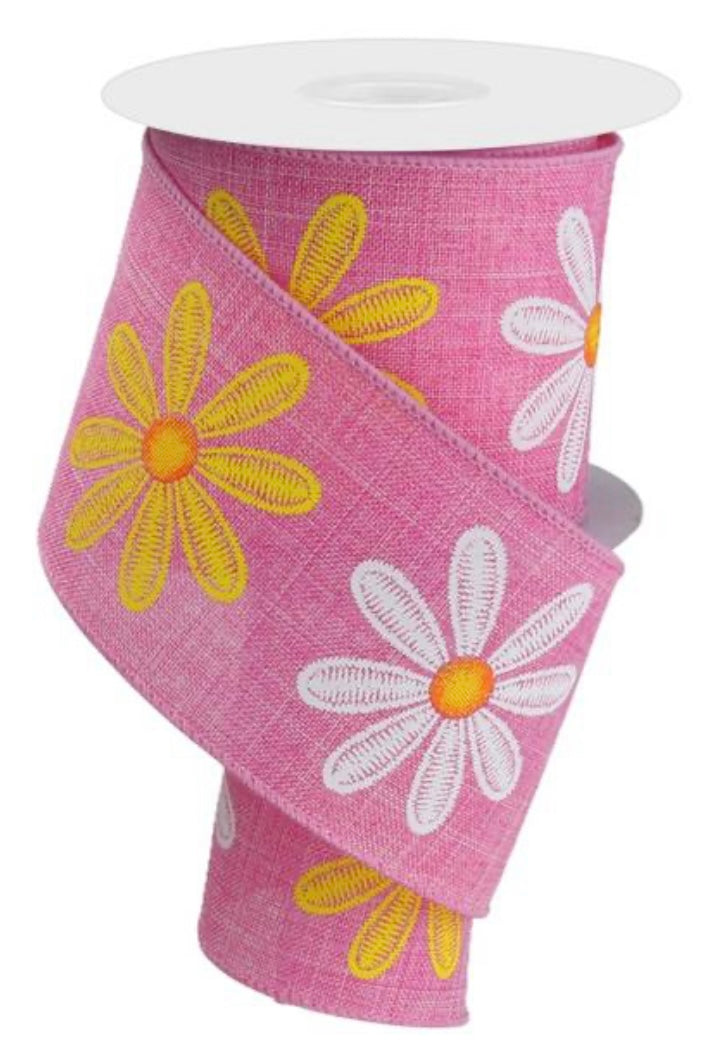 2.5”x 10 Yards Wired Faux Embroidered Daisy with Pink Background Ribbon