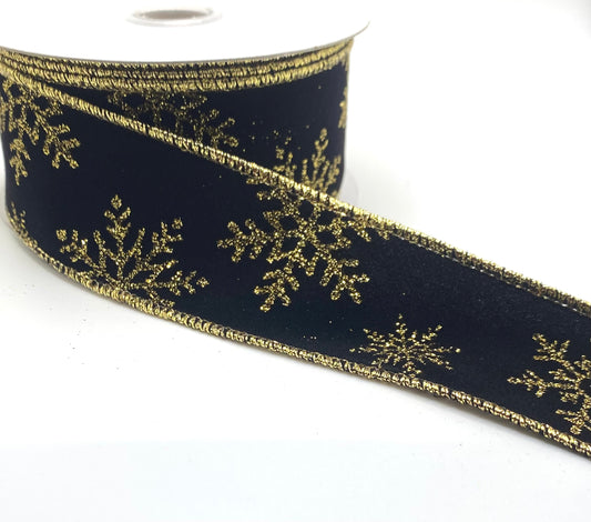 10 Yards - 1.5" Wired Black Velvet Gold Snowflakes Ribbon