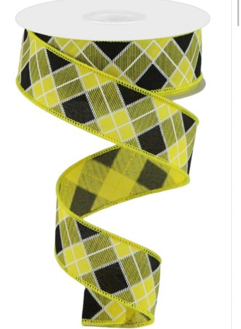 10 Yards - 1.5” Black and Yellow Diagonal Stripe/Check Plaid Ribbon