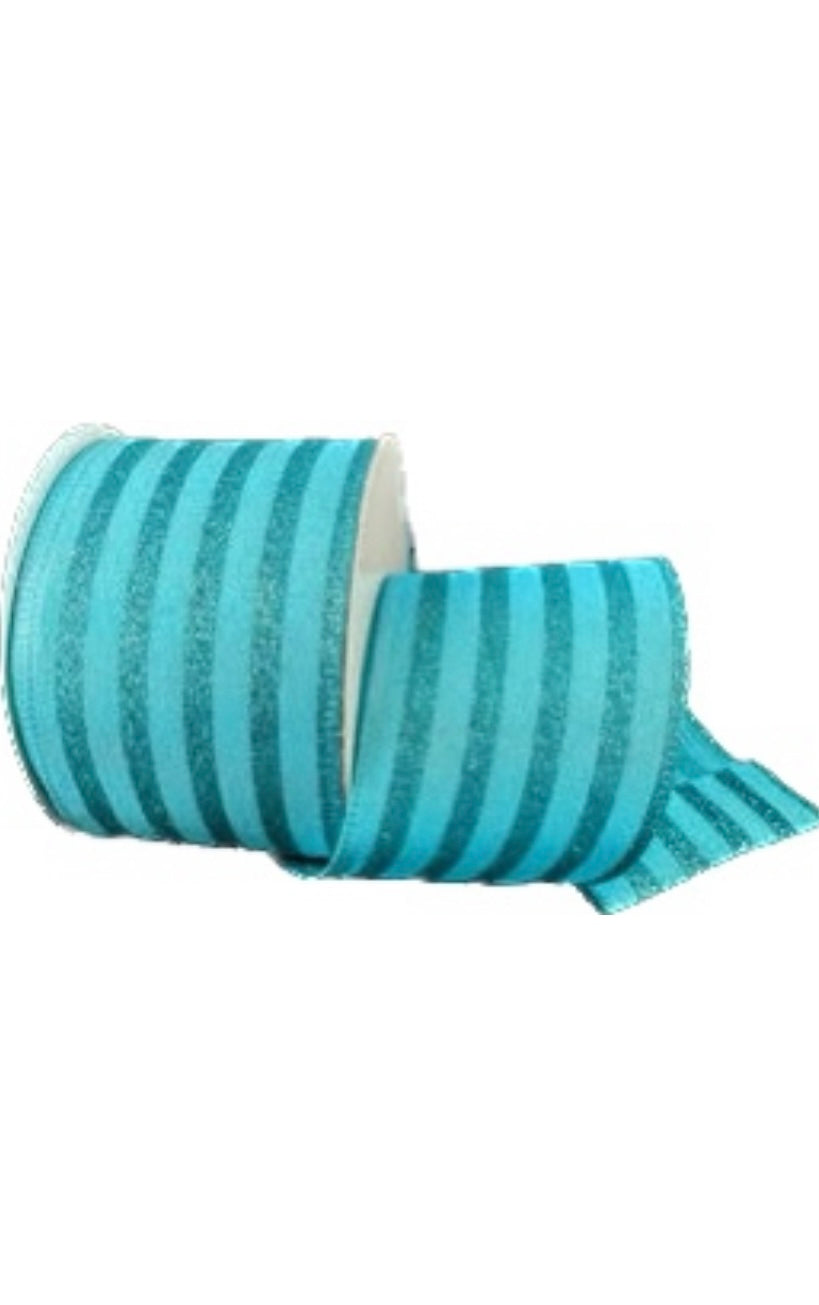 Wired Turquoise Ponche Glitter Cabana Strip Ribbon-2.5”x10 Yards
